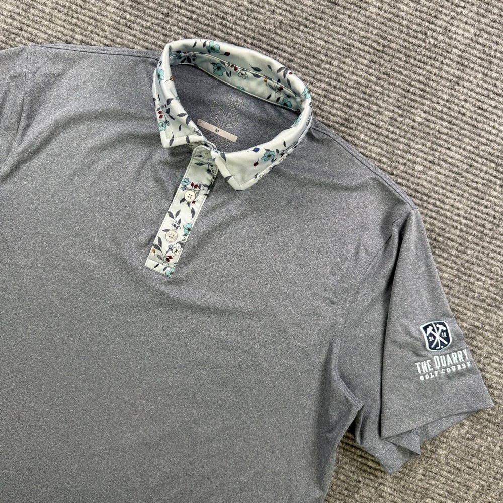 Swannies Grey Floral Collar Golf Polo Shirt Mens Medium The Quarry Sleeve Patch